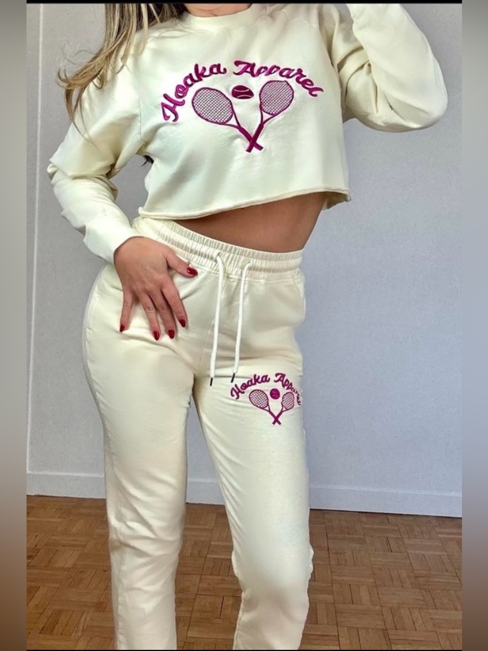 Hoaka Apparel Pink Embroidered Cream Matching Jogger Pants Top Long Sleeve